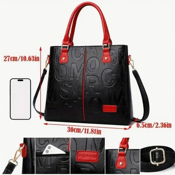 Perfect Lily Black Embossed Letter Tote Bag Red Handle Crossbody NIP - Picture 8 of 12